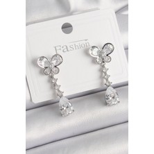 Skygo Pirinç Gümüş Renk Kelebek Model Sallantı Damla Zirkon Taşlı Kadın Küpe - TJ-BKP9861