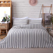 Müslin %100 Pamuklu Çift Kişilik Yıkamalı Nevresim Takımı Ütü Istemeyen Gri Çizgili
