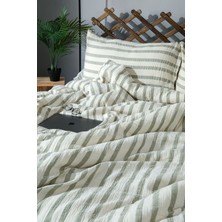 Müslin %100 Pamuklu Çift Kişilik Yıkamalı Nevresim Takımı Ütü Istemeyen Yeşil Çizgili