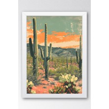 Saguaro Kaktüsü ve Çöl Bitkileri Çerçeveli Tablo - Pop Art Poster Tablo