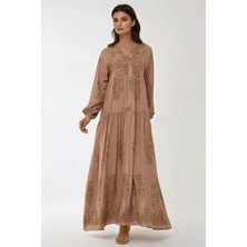 Hiccup Kadınlar Gömlek Yaka Desenli Maxi Elbise Kahve Kahvesi Modest Şıklık İçin Tasarlandı