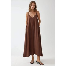 Hiccup Kadın V -Yaka A-Form Maxi Elbise Mocha Kahvesi