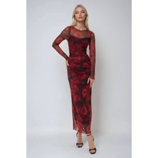 Hiccup Kadınlar Çiçek Desenli Bodycon Maxi Tül Elbise Kırmızı
