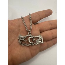 Üç Hilal Ay Yıldız Bozkurt ve Türkiye Haritası Desen Gümüş Renk Unisex Kolye –türk Motifli Tasarım