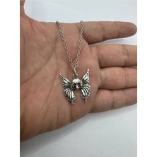 Gotik Kelebek ve Kurukafa Desen Unisex Kolye |metal  Zincirli Alternatif Tasarım