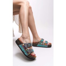 Feles Çift Toka Mantar Taban Taş Detaylı Kadın Terlik