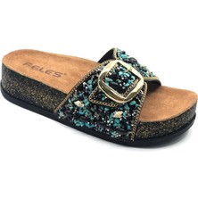 Feles Tek Toka Mantar Taban Taş Detaylı Kadın Terlik