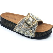 Feles Tek Toka Mantar Taban Taş Detaylı Kadın Terlik