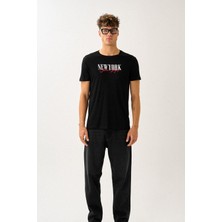 Oversize Bisiklet Yaka Baskılı T-Shirt