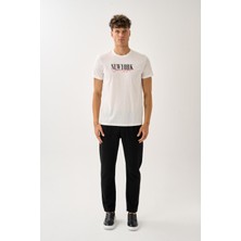 Oversize Bisiklet Yaka Baskılı T-Shirt