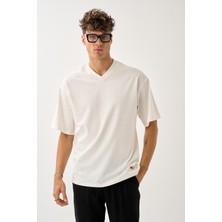 Alexander Gardi Alexandergardı V Yaka Oversize T-Shirt Erkek Basic Tarz Pamuk Kısa Kol Beyaz