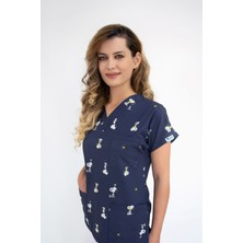 Nur Ortopedi Unisex Lacivert Snopy Desenli Doktor Hemşire Hastane Cerrahi Scrubs Üst Forma