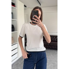 Renk Detay Triko Tshirt- Ekru