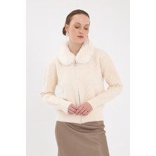 Natural Yaka Kürk Detaylı Kadın Hırka 6680