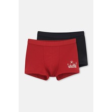 Bordo-Siyah 2'li Parça Baskılı Pamuk Boxer