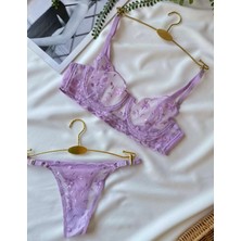 Kadın Lila Mor Nakış Işlemeli Transparan Iç Çamaşır Takımı