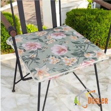 40X40 Çiçek Desenli Mint Yeşil Saten Fermuarlı Bağcıklı Krem Biyeli Sandalye Minderi 4 cm