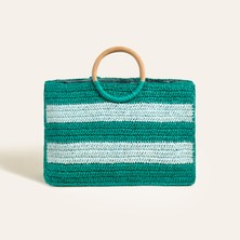 Delhı Rafya Tote Çanta 42X28 cm Yeşil - Mavi