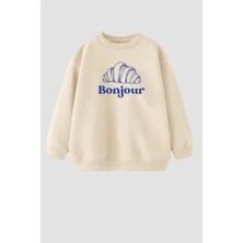 Monila Kız Çocuk Günlük Sweatshirt 3 İplik Kumaş Kapüşonsuz Bej Renk Baskılı Modern Tasarım