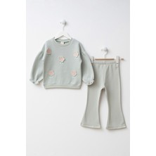 Mobil Çiçek Nakışlı Ispanyol Paça Taytlı Kız Çocuk Alt Üst Takım