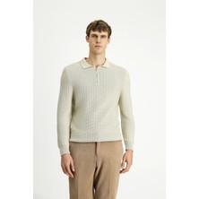 Regular Fit Armürlü Fermuarlı Polo Yaka Pamuklu Triko Kazak