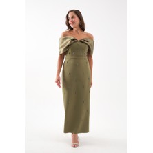 Kadın Haki Kayık Yaka Incili Söz Nişan Nikah Abiye Elbise