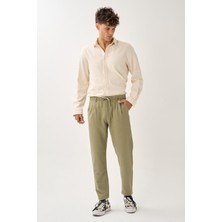 Regular Fit Beli Lastikli Keten Pantolon