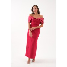 Kadın Bordo Kayık Yaka Incili Söz Nişan Nikah Abiye Elbise