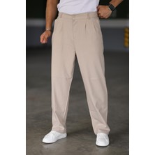 Baggy Çift Pileli Krem-Bej Renk Beli Lastikli Kaliteli Rahat Kesim Klasik Bol Paça Baggy Pantolon