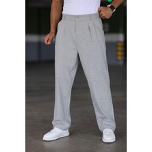 Baggy Çift Pileli Gri Renk Beli Lastikli Kaliteli Rahat Kesim Klasik Bol Paça Baggy Pantolon