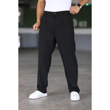 Baggy Çift Pileli Siyah Renk Beli Lastikli Kaliteli Rahat Kesim Klasik Bol Paça Baggy Pantolon
