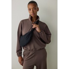 Haki Silky Feel Dik Yaka Crop Sweatshirt