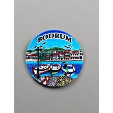 Bodrum Temalı Kabartmalı Polyester Magnet. 6,5cm Çap Mavi