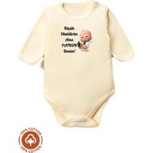 Unisex Bebek %100 Pamuklu Patron Benim Baskılı 3-6-9-12 Ay Bebek Body Ekru Badi Zıbın
