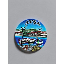 Avşa Temalı Kabartma Polyester Magnet. 8cm Çap. Mavi