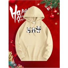 Sevimli Pandalar Ön ve Arkası Baskılı Kapüşonlu Cepli Içi Yünlü Bej Sweatshirt