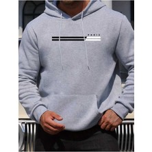 Paris Yatay Çizgi Baskılı Kapüşonlu Cepli Içi Yünlü Gri Sweatshirt
