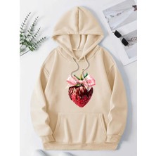 Çilek Kurdele Baskılı Kapüşonlu Cepli Içi Yünlü Bej Sweatshirt