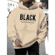 Darker Black Baskılı Kapüşonlu Cepli Içi Yünlü Bej Sweatshirt