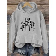 Dört Ağaç Baskılı Kapüşonlu Cepli Içi Yünlü Gri Sweatshirt