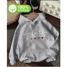 Perfectly Imperfect Baskılı Kapüşonlu Cepli Içi Yünlü Gri Sweatshirt