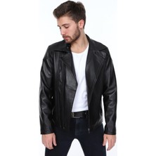 Hakiki Deri Siyah Muller Fermuarlı Erkek Deri Ceket