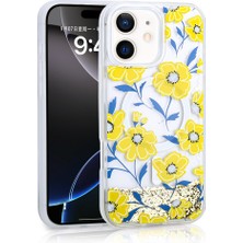 iPhone 12 Uyumlu Kılıf Sıvılı Simli Baskılı Şeffaf Arka Yüzey Zıvo Mossa Silikon Kapak-Sarı