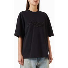 Siyah Logo Tişört - Pamuk - 3D Nakış - Rahat Kesim - Vintage Finish