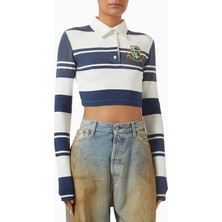 Mavi-Beyaz Çizgili Crop Polo - %98 Pamuk, %2 Elastan, Organik Pamuk Karışımı