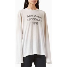 Beyaz 1996 Logo Baskılı T-Shirt - Pamuk Karışımı - Oversize Kesim ve Aşınmış Detaylar