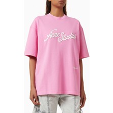 Pamuk Tişört - Pembe - 100% Pamuk - 3D Logo Nakışlı - Vintage Finish - Rahat Kesim