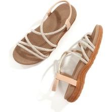 Pelip Ten Rengi Taşlı Kaymaz Kauçuk Taban Rahat Sandalet Yazlık Topuksuz Abiye Ayakkabı