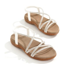 Pelip Beyaz Taşlı Kaymaz Kauçuk Taban Rahat Sandalet Yazlık Topuksuz Abiye Ayakkabı