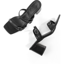 Lorina Siyah Çift Bant Kemer Tokalı Kalın Topuklu Terlik